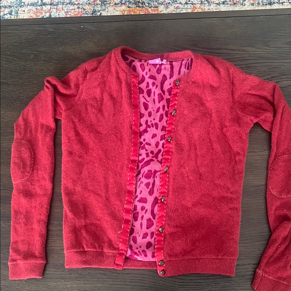 BCBGirls Red wool Cardigan with skull buttons and fun Patterned Lining